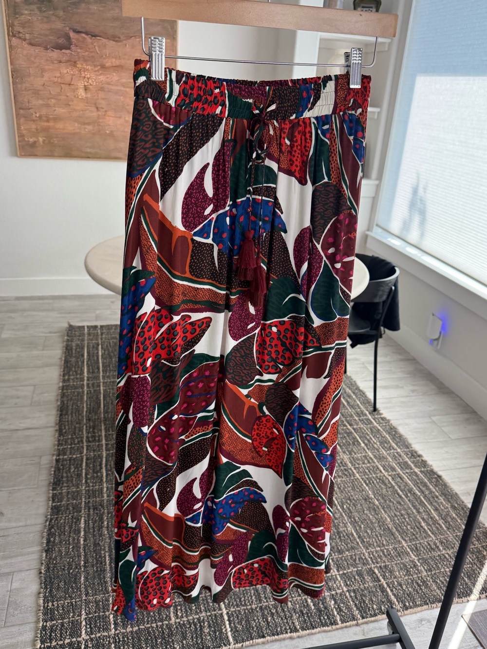 FARM Rio Silk Multicolor Leaf-Print Midi Skirt with Tassel Drawstring